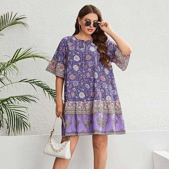 White Label Dresses & Skirts - White Label Women's Purple Plus Size Floral Tie Neck Flounce Sleeve Mini Dress